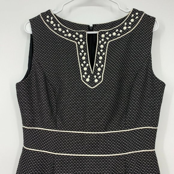 Tahari ASL Dress Black White Tweed Beaded V Neck Sleeveless Sheath - Picture 2 of 11